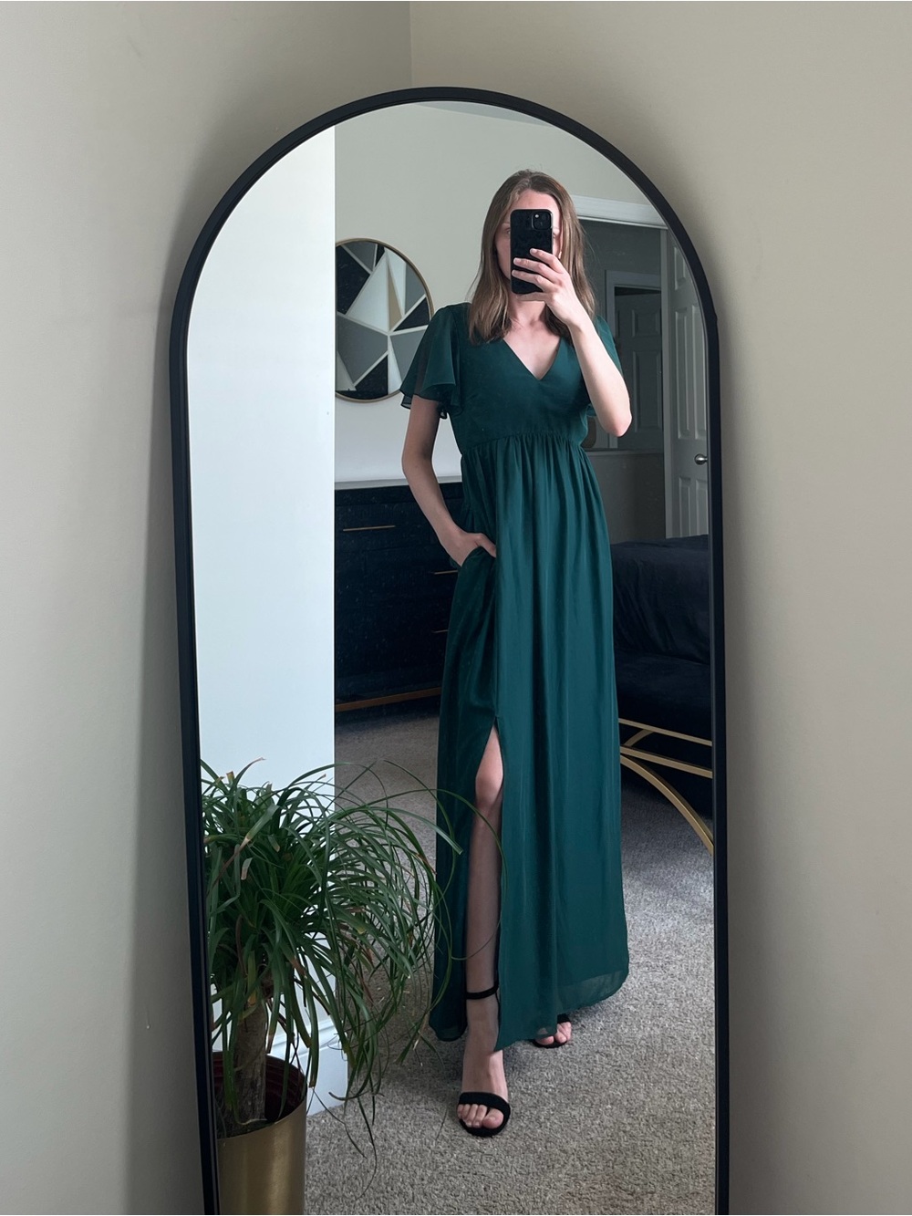 Birdy Grey Dark Green Flutter Sleeve Maxi Bridesmaid Wedding Guest Dress XS
